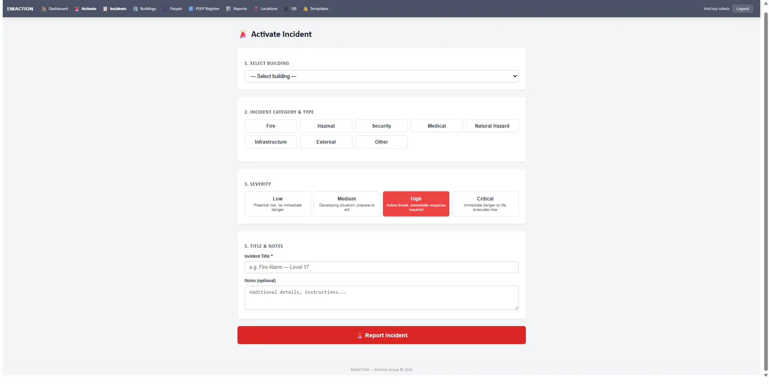 EMAction incident activation screen showing incident type and severity selection