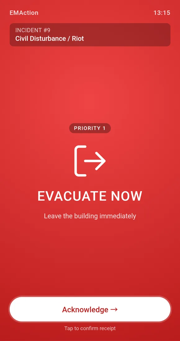 Evacuate Now broadcast card on a warden phone screen, with a Priority 1 badge and an Acknowledge button