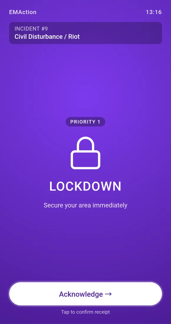 Lockdown broadcast card on a warden phone screen, with a Priority 1 badge and an Acknowledge button
