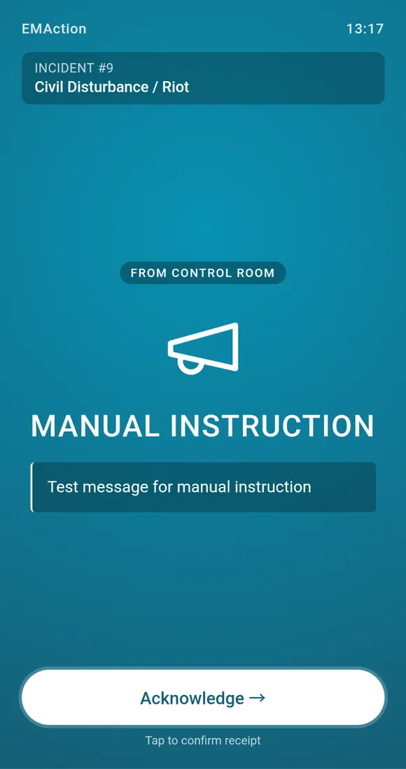 Manual Instruction broadcast card on a warden phone screen, with a From Control Room badge and an Acknowledge button