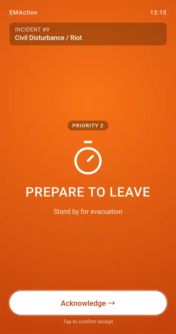 Prepare to Leave broadcast card on a warden phone screen, with a Priority 2 badge and an Acknowledge button