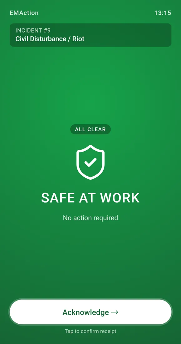 Safe at Work broadcast card on a warden phone screen, with an All Clear badge and an Acknowledge button