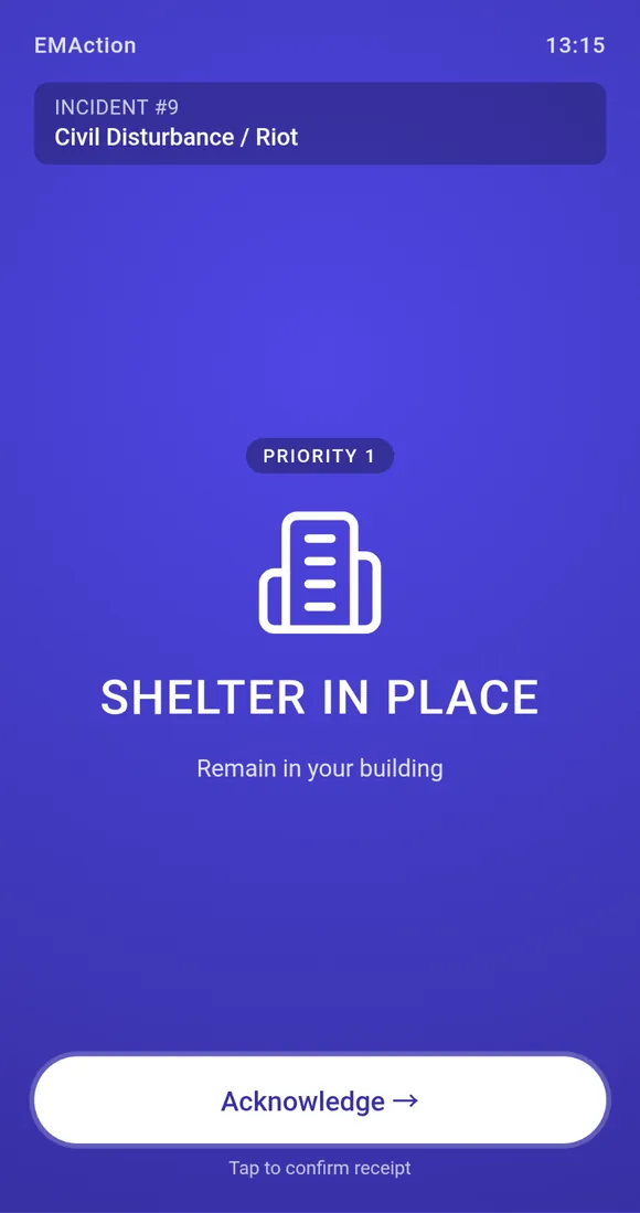 Shelter in Place broadcast card on a warden phone screen, with a Priority 1 badge and an Acknowledge button