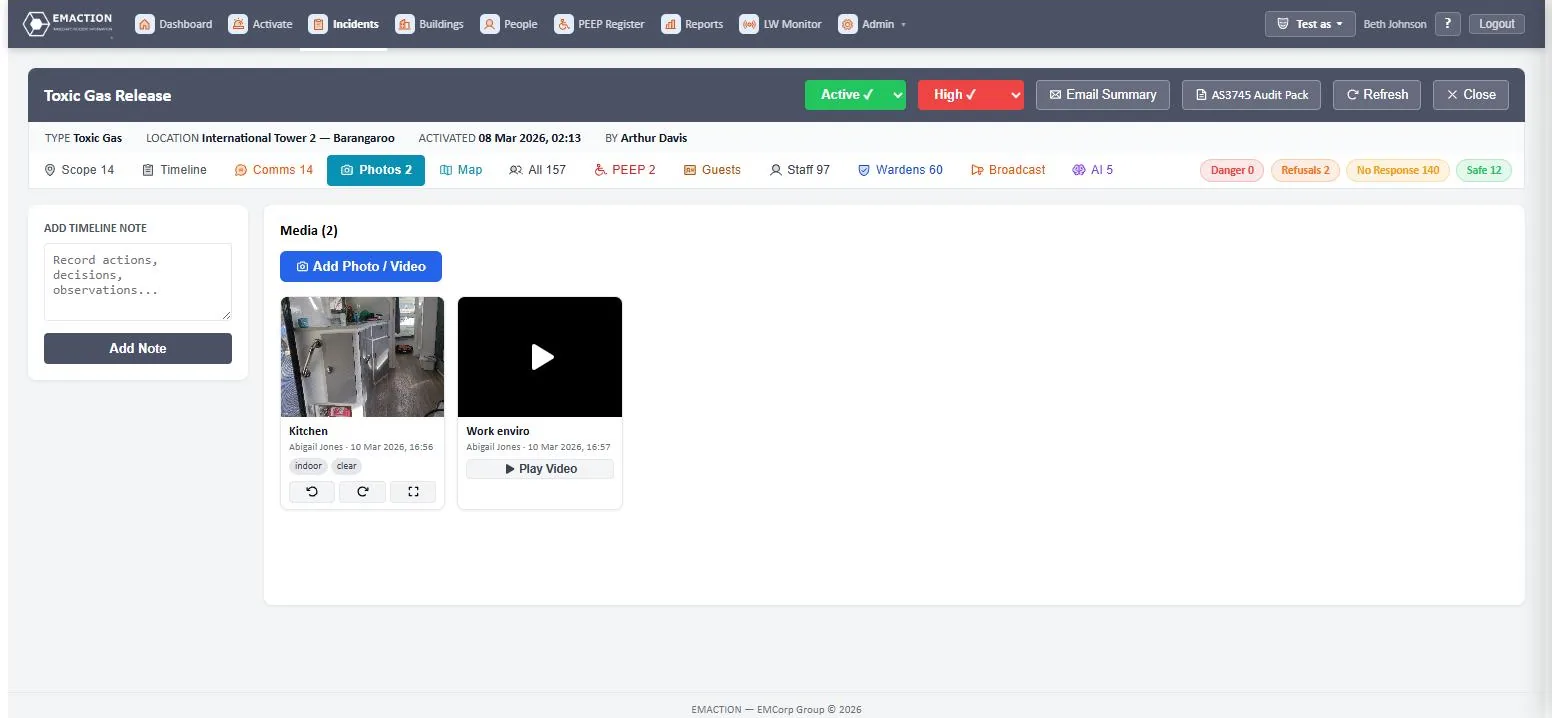EMAction photo and video uploads attached to an incident timeline