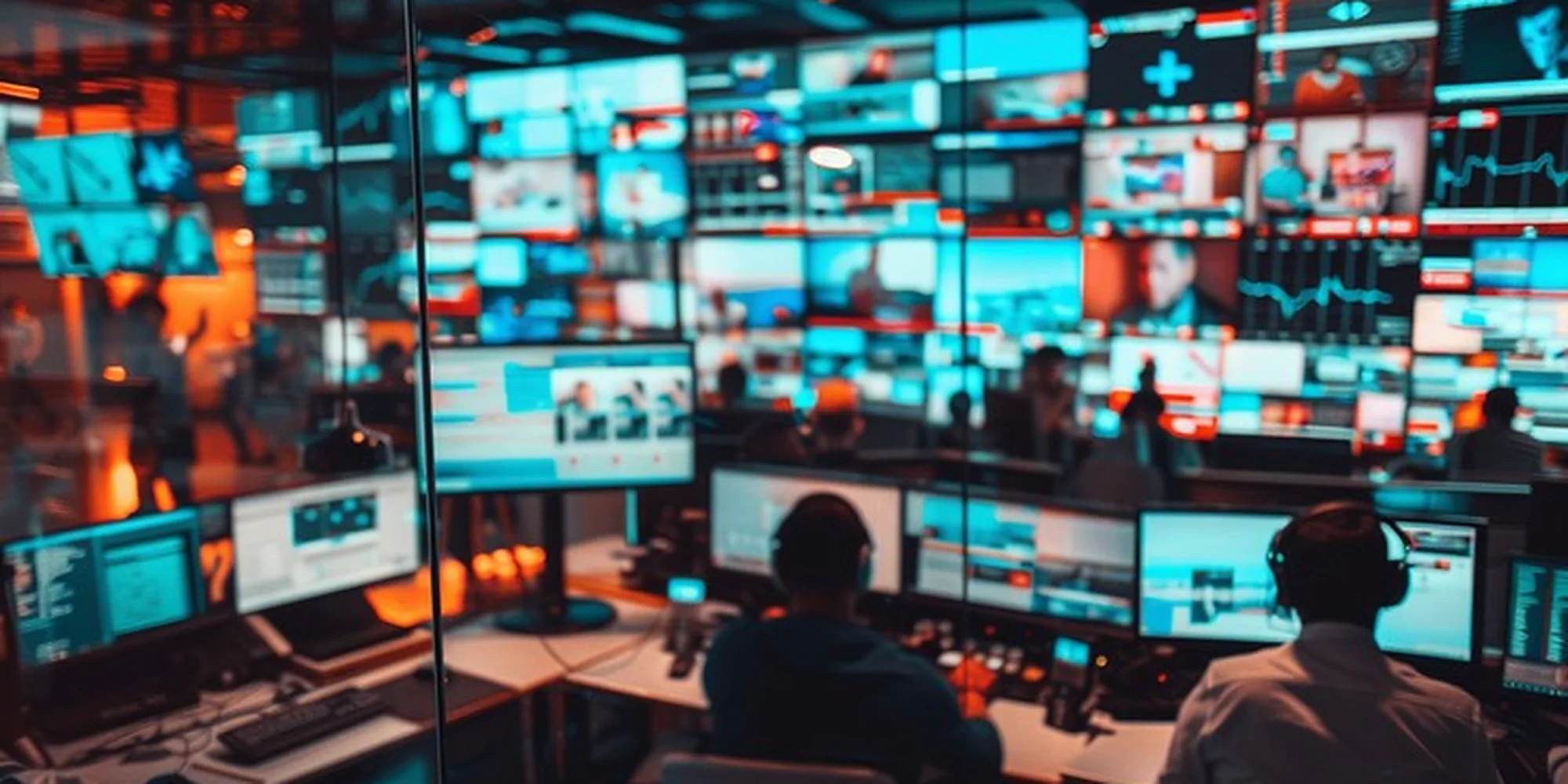Coordination room — operators at consoles in front of a wall of live monitors