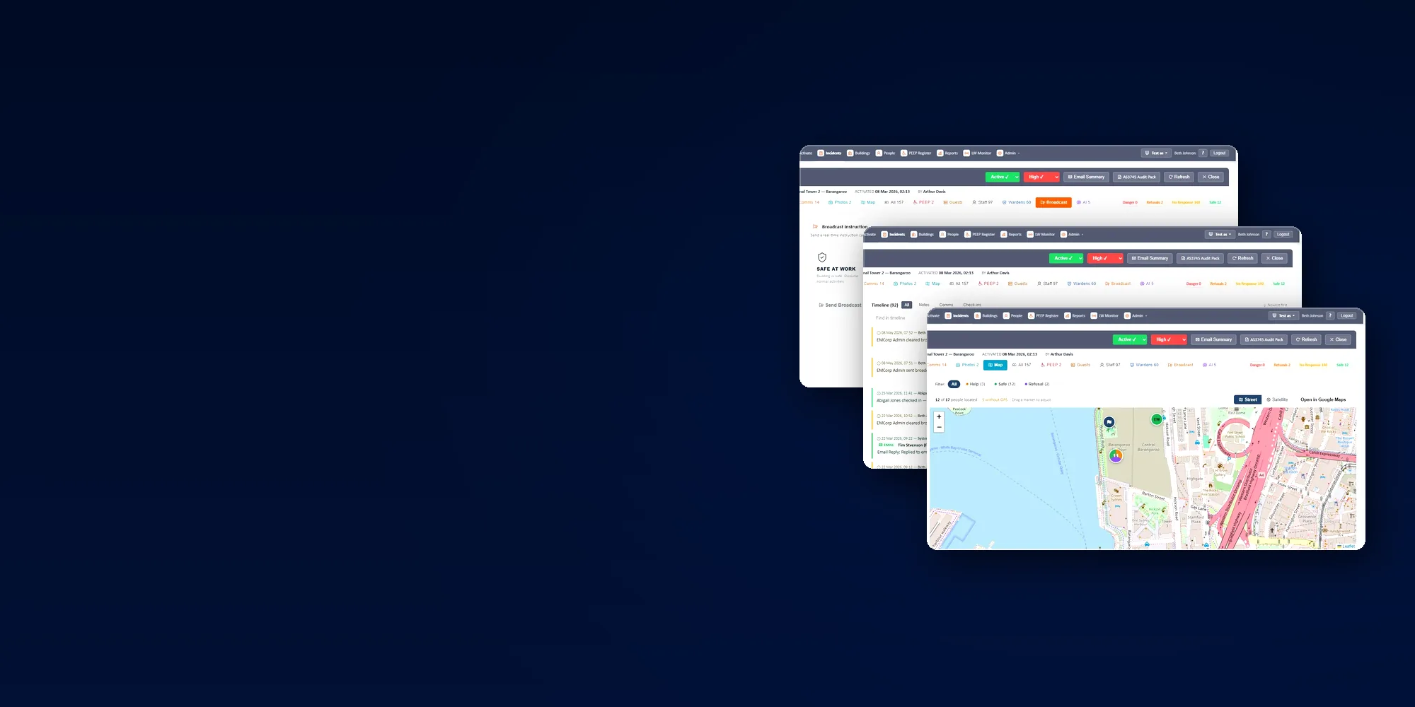 Three overlapping EMAction screens — broadcast instruction cards, the incident timeline and the live incident map